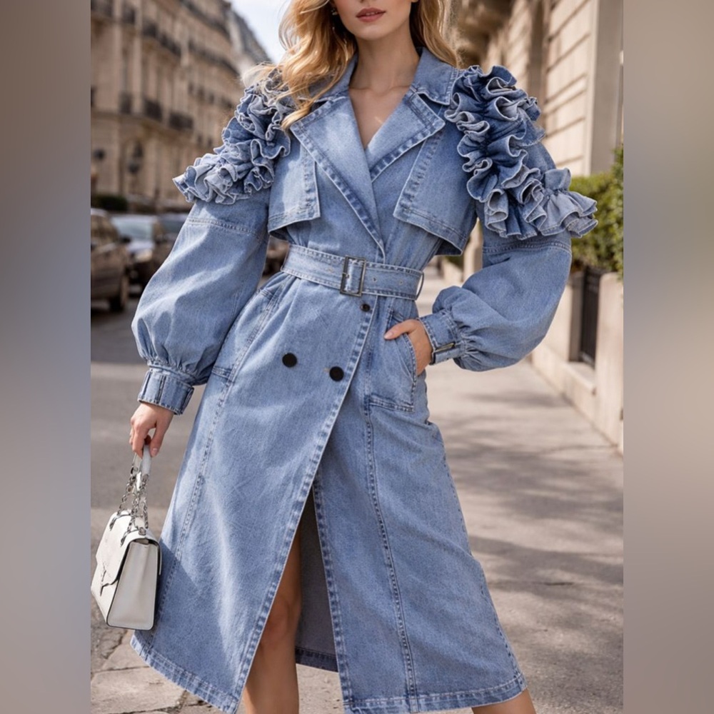 NEW $395 HIGH END Editorial Stylish Denim Trench Coat with Ruffle Sleeves